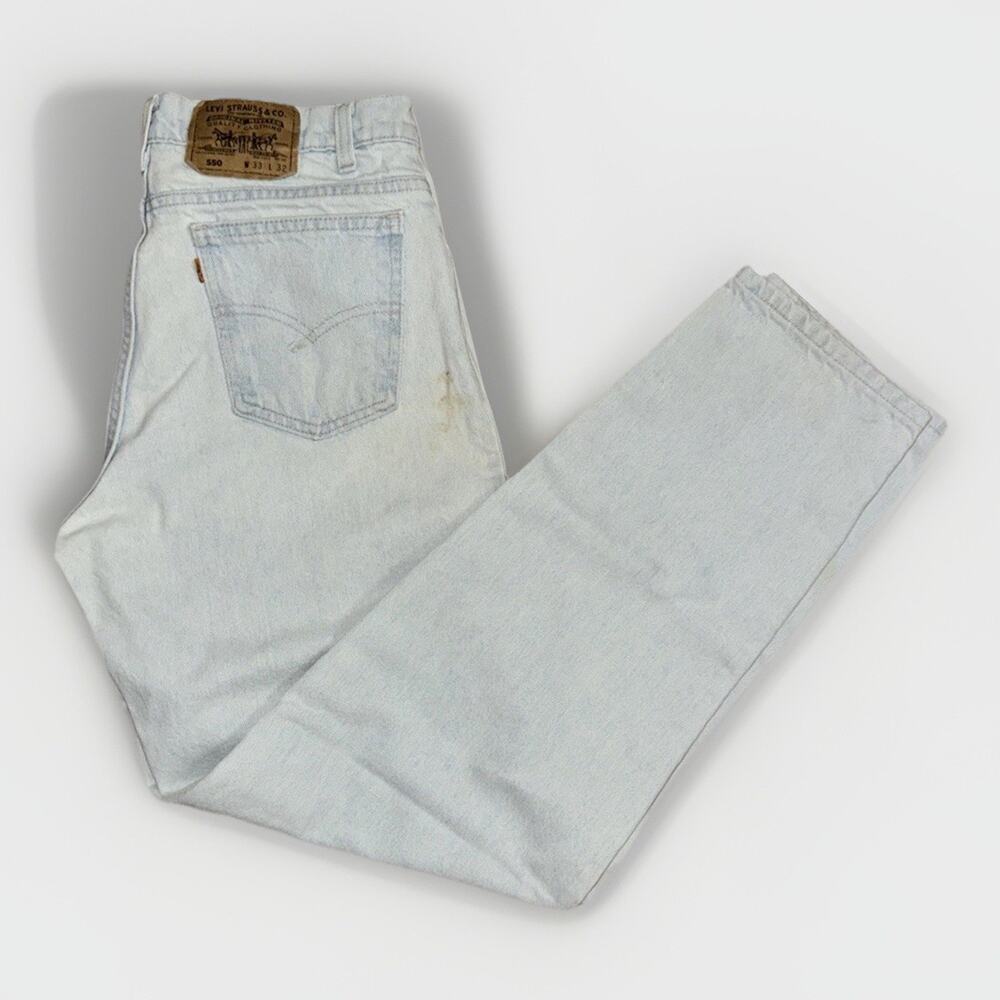 Levi’s 550 Orange Tab Jeans Light Blue Stone Wash 32x32 Distressed Stain